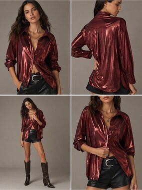 Anthropologie “The Shine” Metallic Button Down Shirt – Red Wine - Shimmer XS